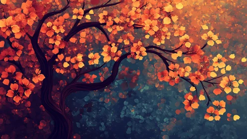 Autumn blossom tree swirling through dusk-touched twilight sky.