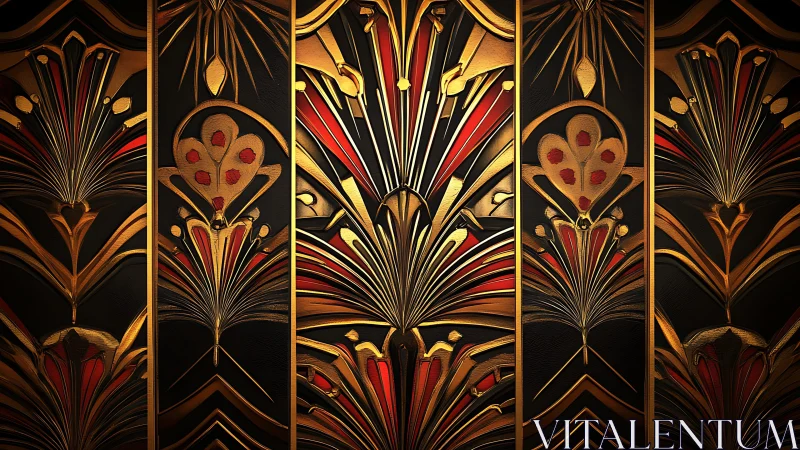 Elegant Art Deco floral wallpaper with gold and red accents.