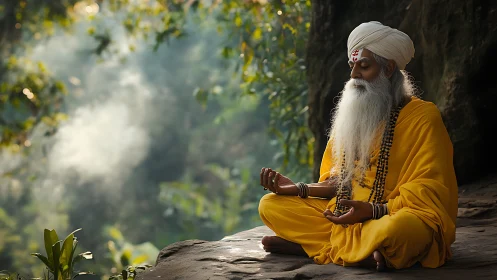 Forest sage in golden robes meditating on sunlit rock.
