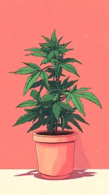 Potted cannabis plant stands centered against flat pink background