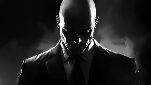 Bald suited man rendered in dramatic high contrast lighting
