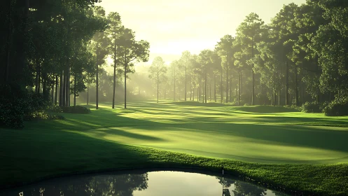 Morning mist drapes a tranquil forest-framed golf fairway