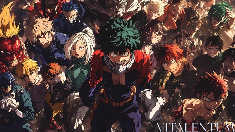 Intense anime heroes charge through fractured golden chaos.