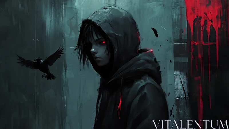 Hooded nocturnal entity with red ocular luminescence and crow.