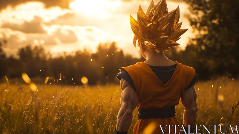 Sunlit warrior studies the quiet field before dusk’s glow