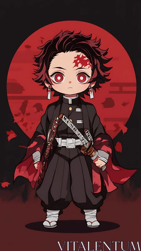 Chibi demon slayer swordsman stands before red moon circle