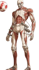 Anatomical titan warrior stands with exposed musculature.