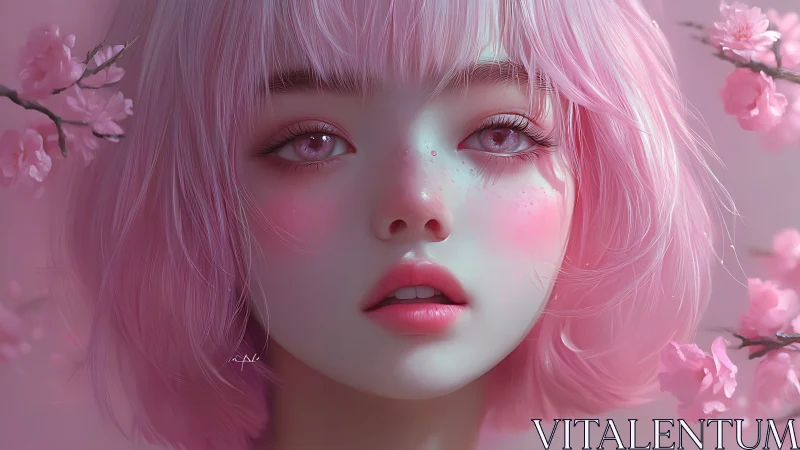 Digital portrait depicts young figure with pink hair and blossoms