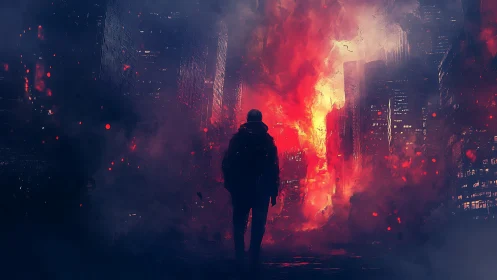 Solitary figure confronts catastrophic urban inferno amid towering architecture.