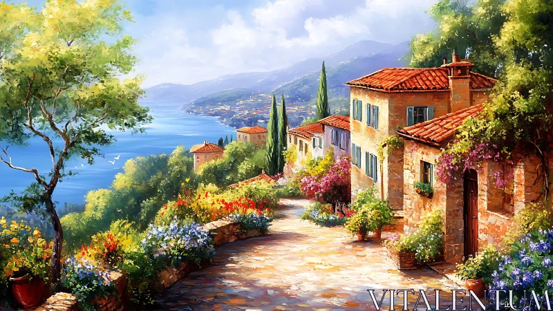 Coastal hillside village path overlooks water and mountains