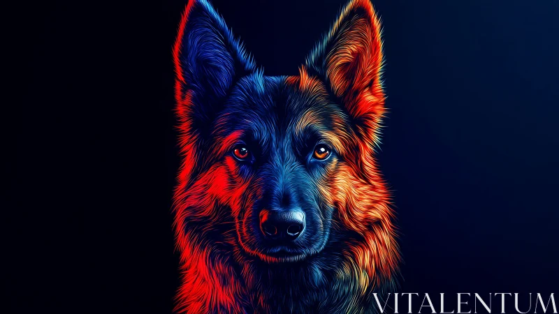 German shepherd portrait glows in neon red and blue light.