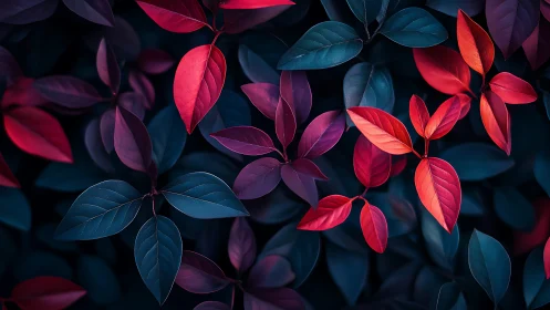 Macro foliage study in teal and crimson complementary contrast
