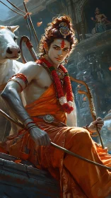 Divine warrior archer in saffron robes with sacred cow.