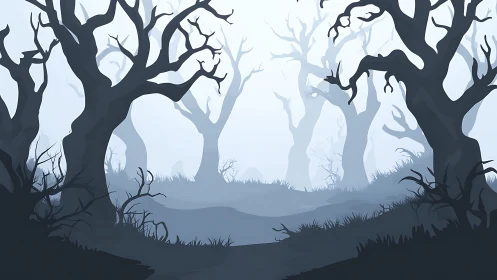 Bleak foggy forest with twisted silhouettes of dead trees.