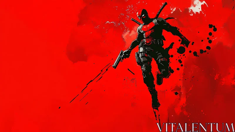 Gun-toting antihero storms a crimson battlefield of inked chaos.