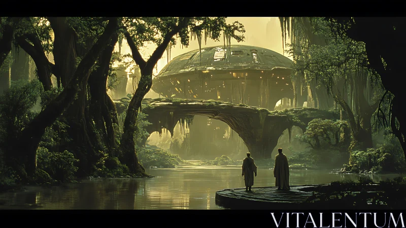 Futuristic moss-covered jungle temple with luminous dome.
