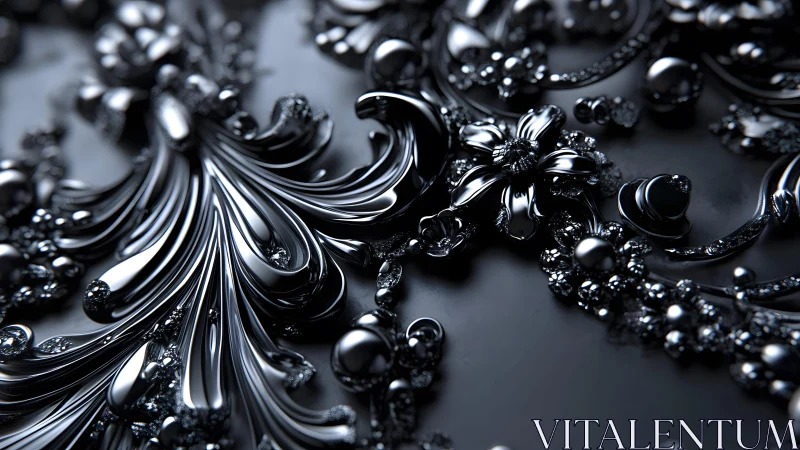 Ornate black metallic floral pattern in modern baroque style.