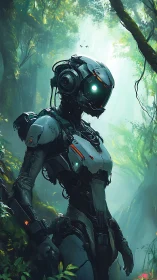 Humanoid robotic figure standing in dense forest environment.