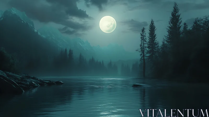 Moonlit river hush beneath mist-veiled mountain sentinels.