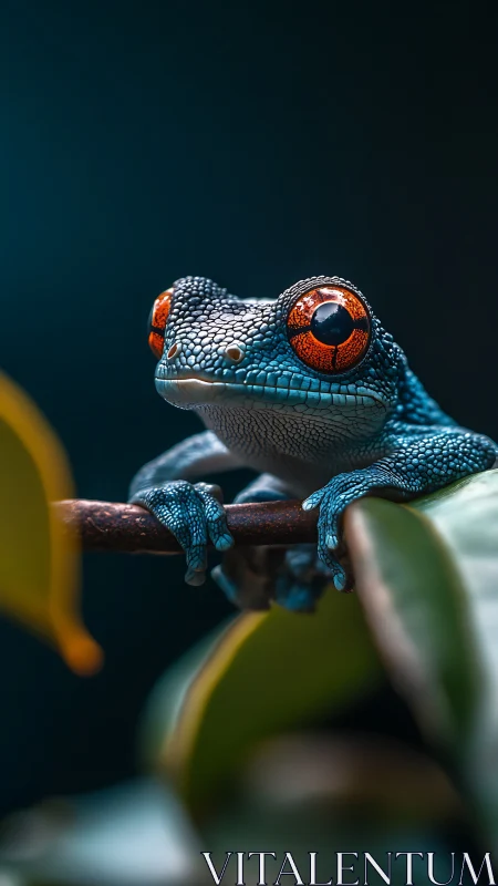 Blue tree frog with bright red eyes on branch at night.