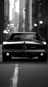 Bold classic muscle car waits confidently in a quiet city street