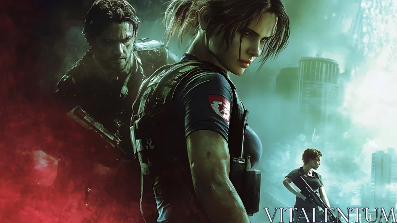 Triadic survivor portrait layers dynamic toxic-urban lighting