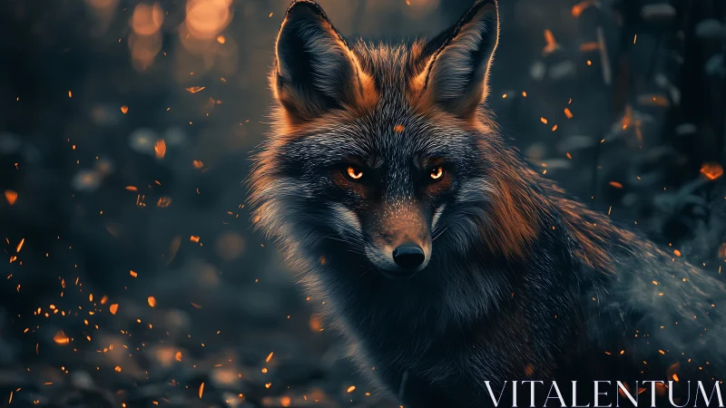 Ember-eyed fox stands in dark forest amid drifting sparks.