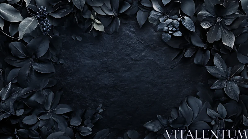 Midnight foliage frame cradling a deep charcoal silence.