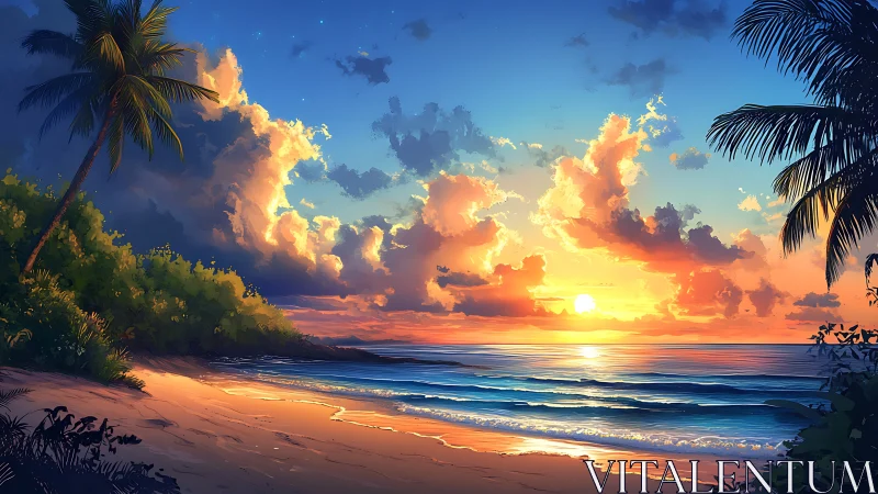 Tropical shoreline sunset with palm silhouettes and warm surf glow