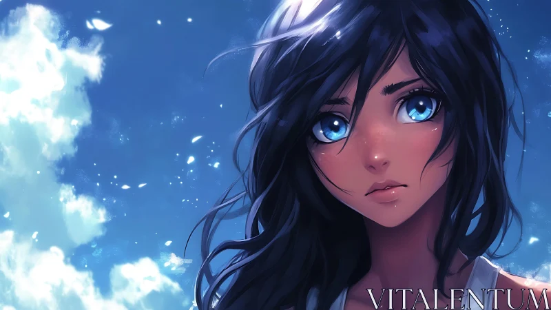 Blue eyed anime girl portrait against bright sky background.