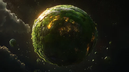 Glowing mossy planet cradling a hidden city in space.