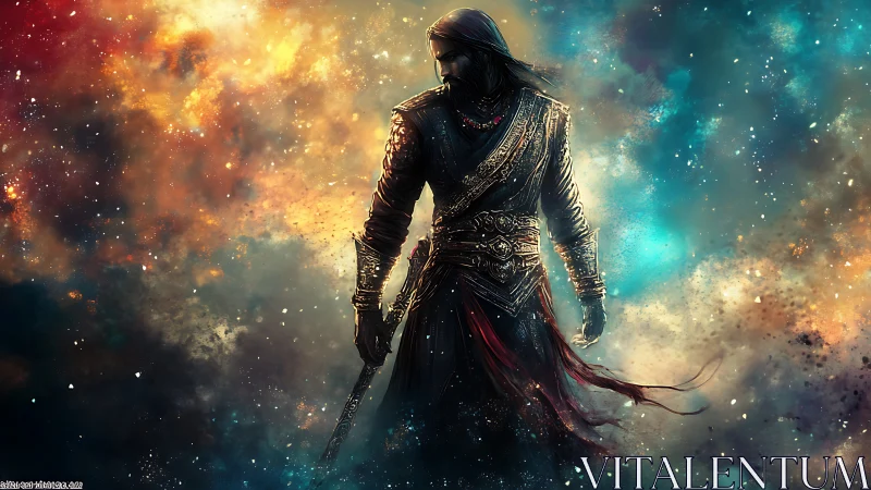 Starlit warrior draped in nebula fire and drifting embers.