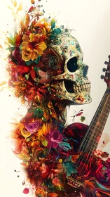 Floral skull silhouette merges with electric guitar body