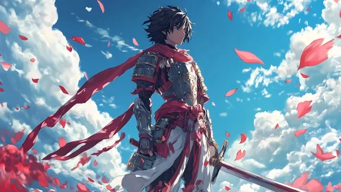 Armored swordsman under vivid sky with drifting petals.