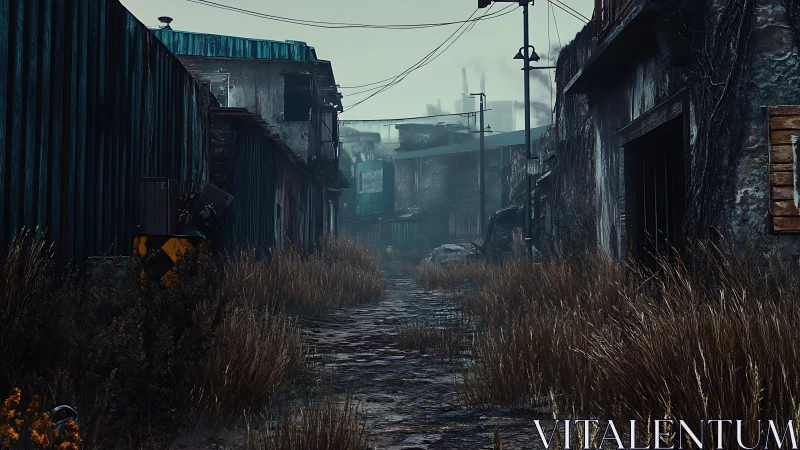 Moody abandoned alleyway softened by wild street grass.