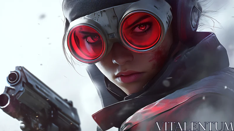 Fierce cyberpunk heroine levels a steady gaze through red lenses