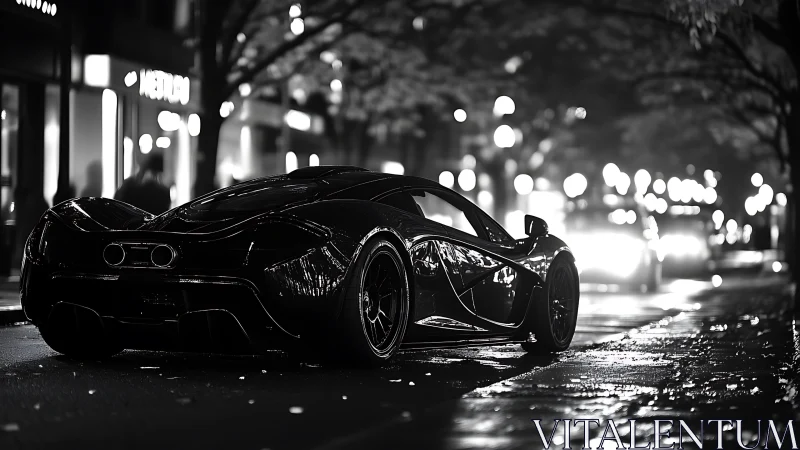 Black supercar glides through wet night city street.