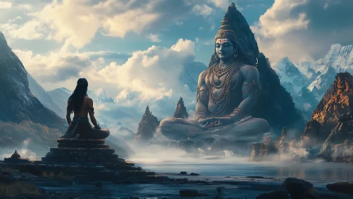 Mystic yogi contemplates colossal Shiva amid misty peaks