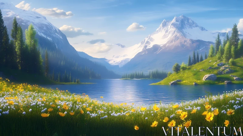 Sunny alpine lake framed by wildflower meadow and peaks.