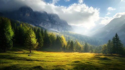 Golden mountain meadow soaked in soft morning light.