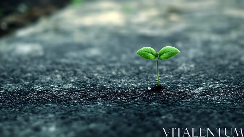 Green seedling breaking asphalt surface in muted focus.