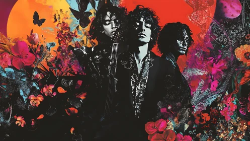 Electric blooms and mirrored musician in neon dreamscape.