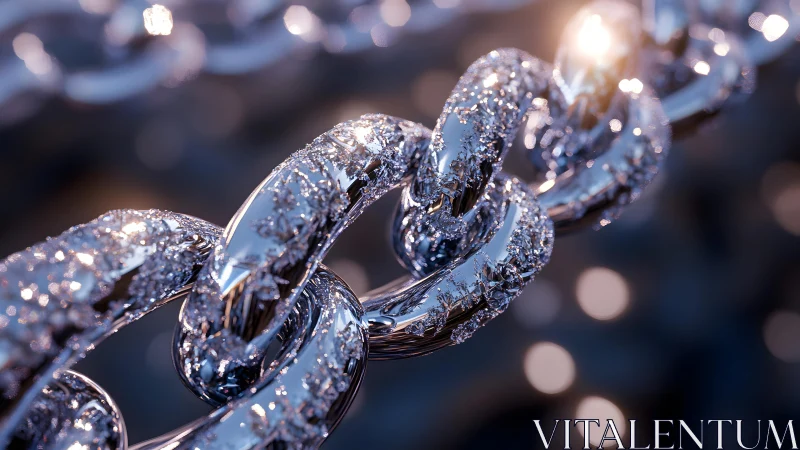 Close-up of shiny metal chain with sparkling frost, hyper-realistic style.