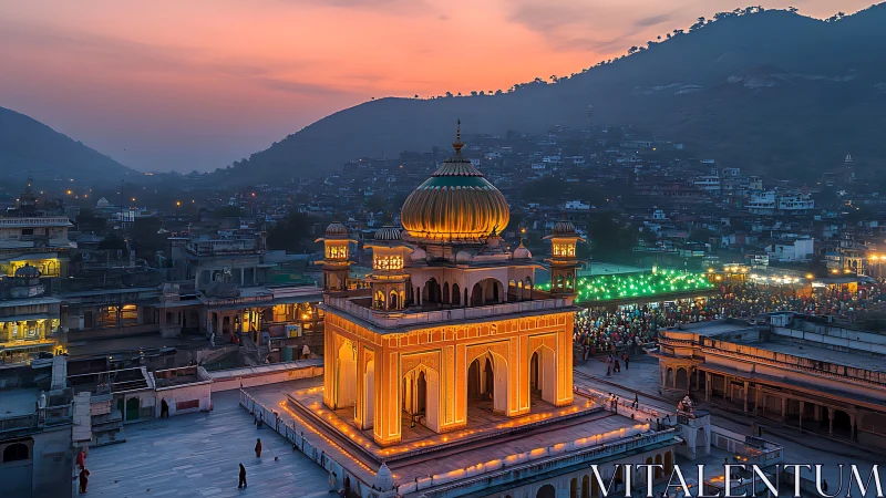 Illuminated domed shrine within dense hillside settlement at dusk.