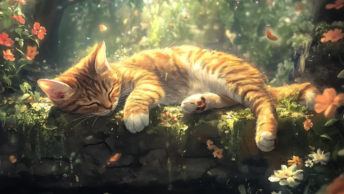 Golden Cat Finds Peace in a Sunlit Garden Haven.