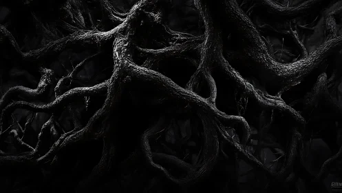 Interlocking tree roots form dense, high-contrast organic latticework