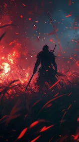 Silhouetted warrior advances through burning field under dual-tone sky