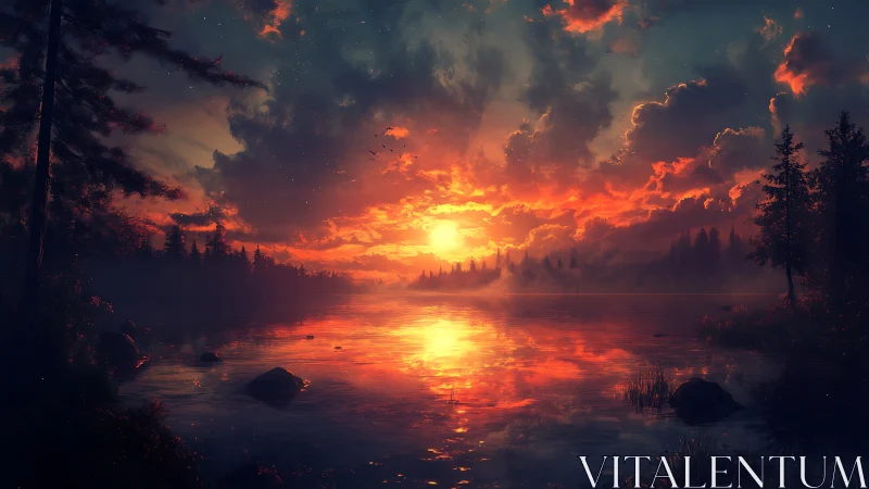 Digital landscape of forest lake under vivid sunset sky.