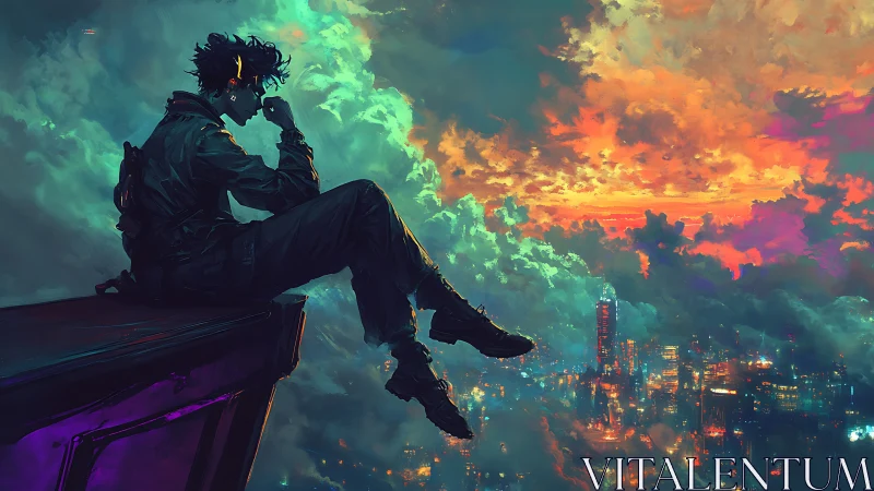 Silhouetted figure sits above neon city under vivid clouds