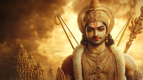 Divine warrior deity in golden light before ornate temple